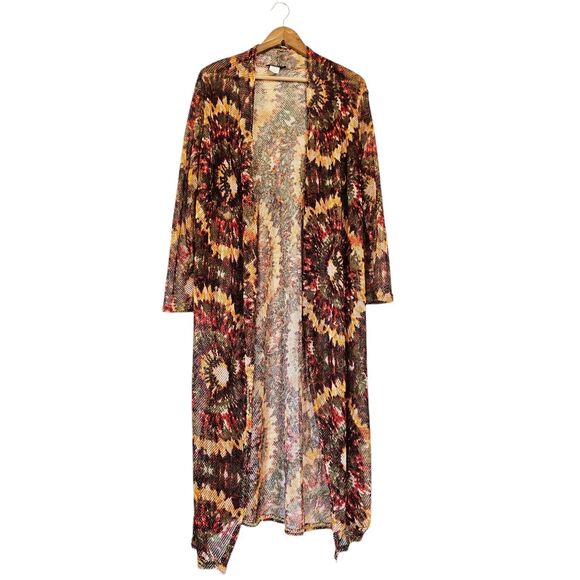 Vtg Shelor Mesh Duster Cardigan Womens L Brown Earthy Boho Cottagecore - Picture 1 of 10